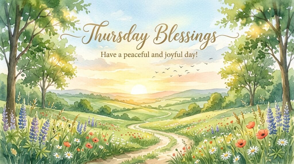 A wide watercolor landscape path cutting through vibrant wildflower fields under a glowing morning sun, featuring the text Thursday Blessings, Have a peaceful and joyful day.