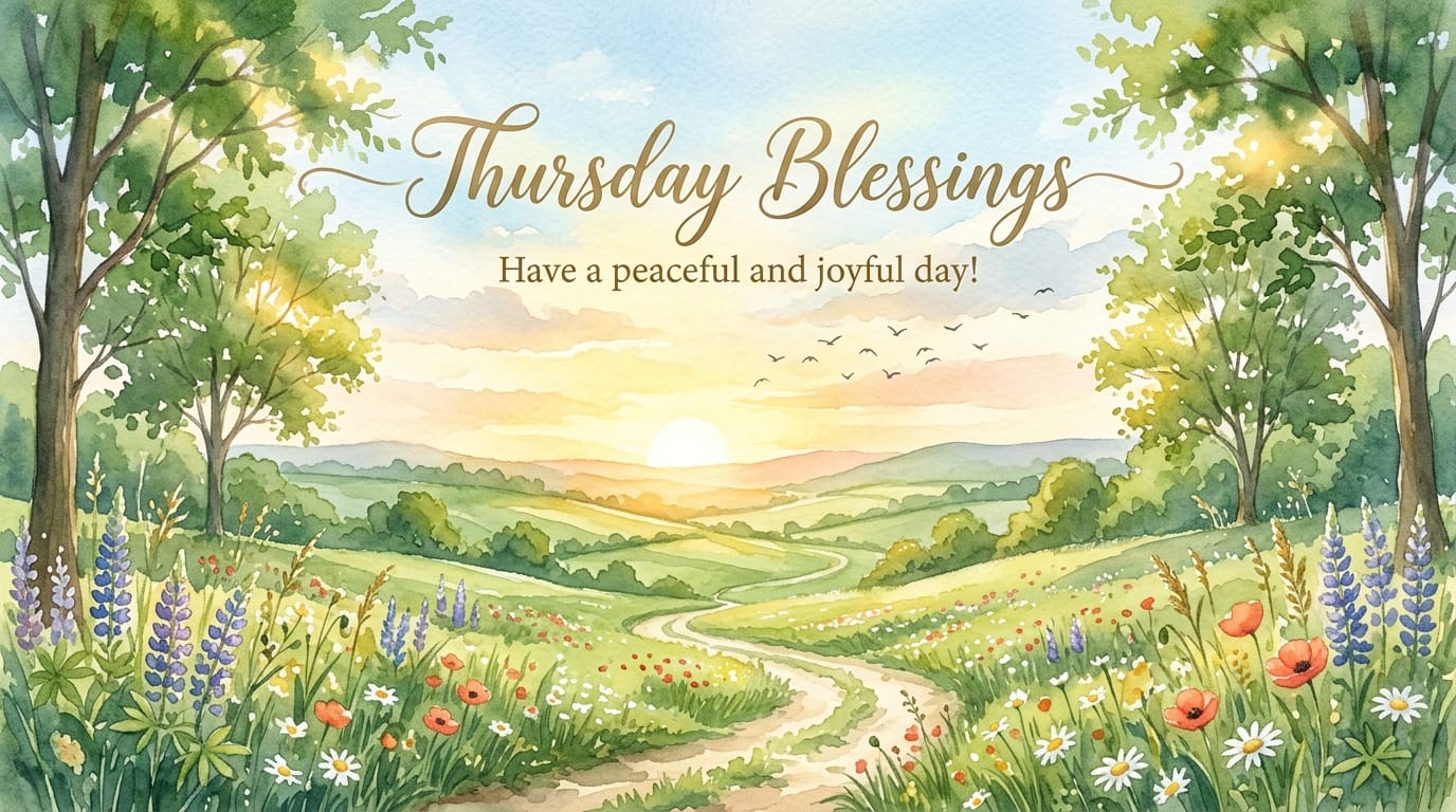 A wide watercolor landscape path cutting through vibrant wildflower fields under a glowing morning sun, featuring the text Thursday Blessings, Have a peaceful and joyful day.