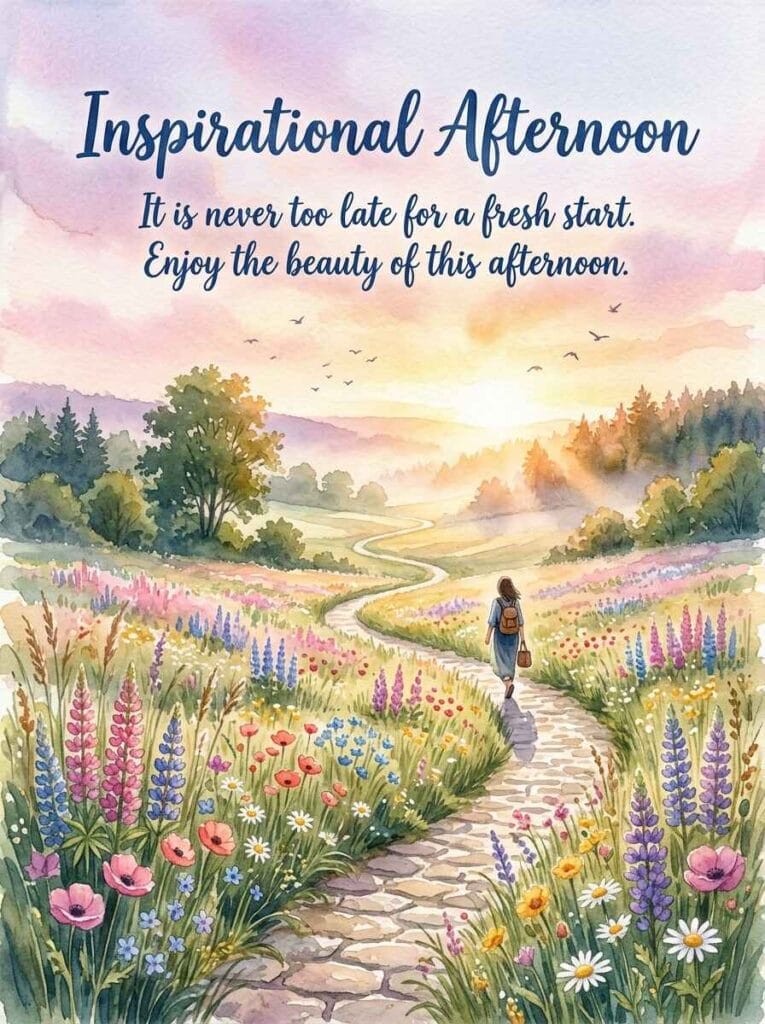 A soothing watercolor image of a peaceful stone pathway leading past a cozy cottage through fields of wildflowers at sunrise.