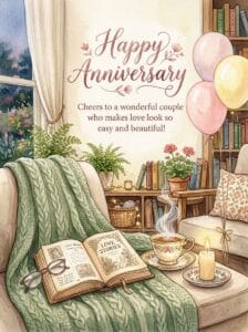 A lighthearted watercolor illustration of a cozy reading nook with a lit candle, a teacup, and floating pastel balloons.