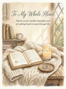 A heartwarming watercolor painting of a cozy cottage living room corner with a knitted blanket, a lit candle, and two interconnected rings.
