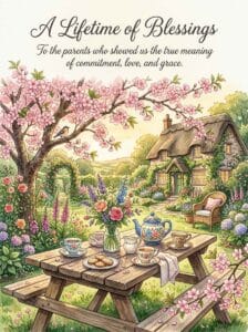 A heartwarming cottagecore watercolor painting of a rustic dining table beautifully arranged with a charming teapot and vintage cups under a blossoming tree.