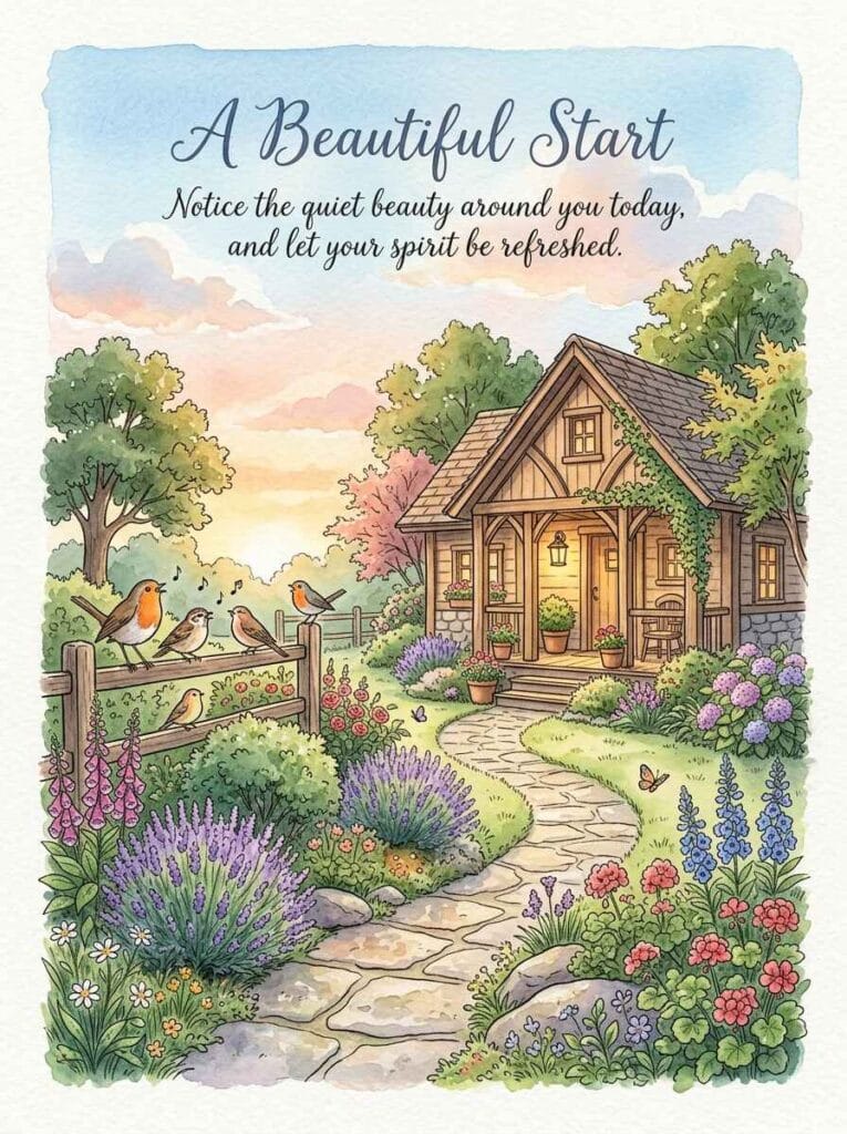 A peaceful watercolor painting of a sunlit garden path leading toward a small wooden porch with potted flowers.