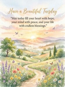 Soft watercolor landscape of rolling green hills, a winding path, and wild flowers with the text Have a Beautiful Tuesday.