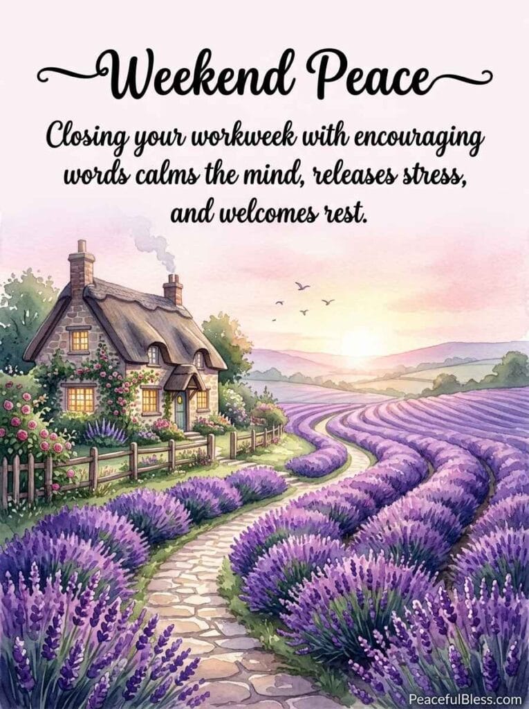 A soothing watercolor image of a peaceful stone pathway leading past a cozy cottage through fields of lavender at sunrise.
