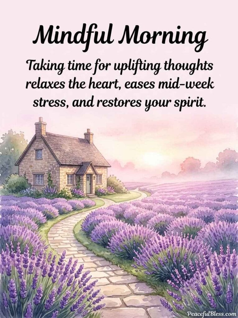 A soothing watercolor image of a peaceful stone pathway leading past a cozy cottage through fields of lavender at sunrise.