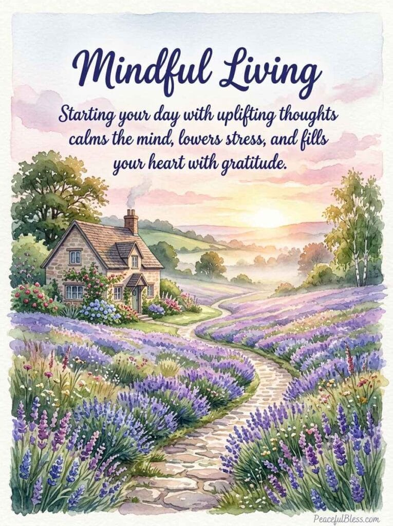 A soothing watercolor image of a peaceful stone pathway leading past a cozy cottage through fields of lavender at sunrise.