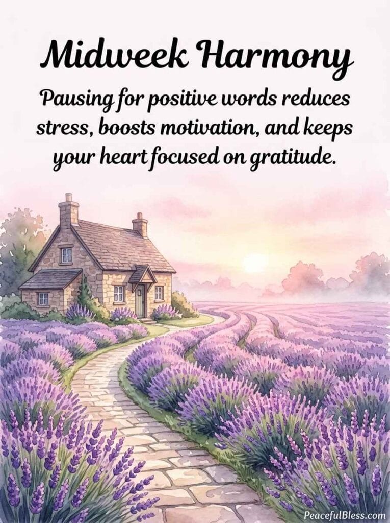 A soothing watercolor image of a peaceful stone pathway leading past a cozy cottage through fields of lavender at sunrise.