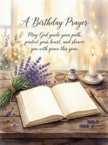 A deeply peaceful watercolor illustration of an open linen journal surrounded by lavender and a glowing candle.