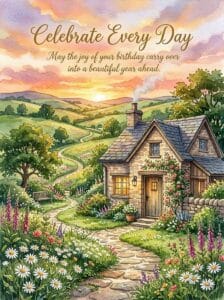 A cozy cottagecore watercolor illustration of a beautiful stone cottage at sunset, transitioning into a beautiful evening.