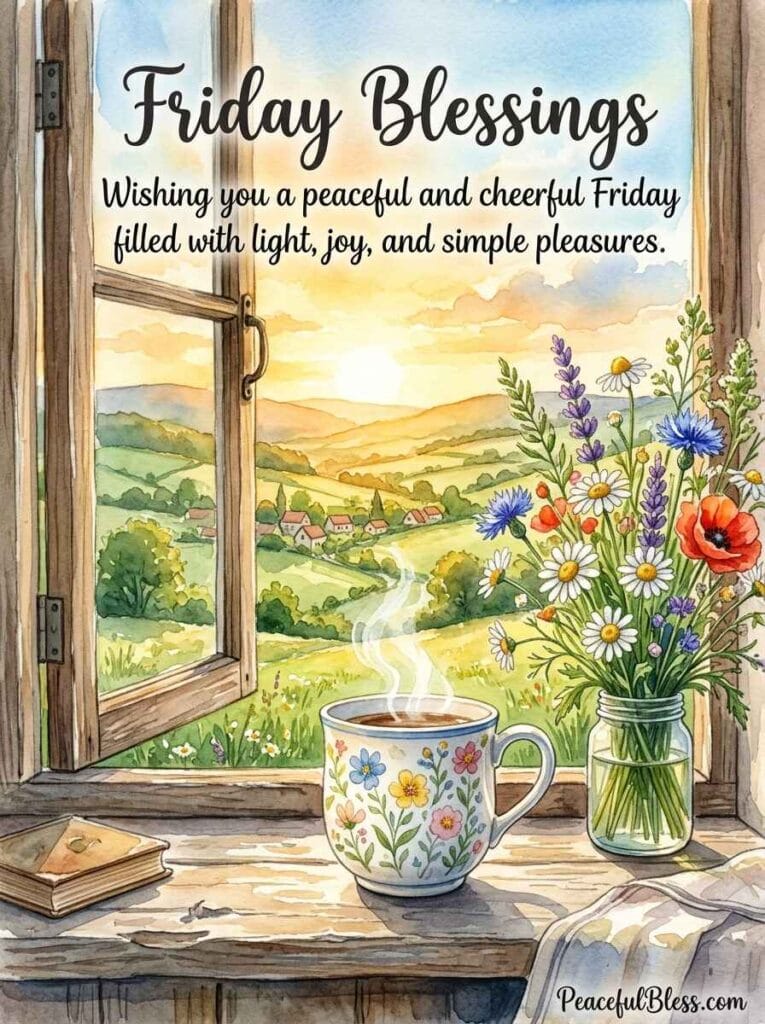 A cozy watercolor illustration of a rustic windowsill looking out at rolling green hills as the sun rises on Friday morning.