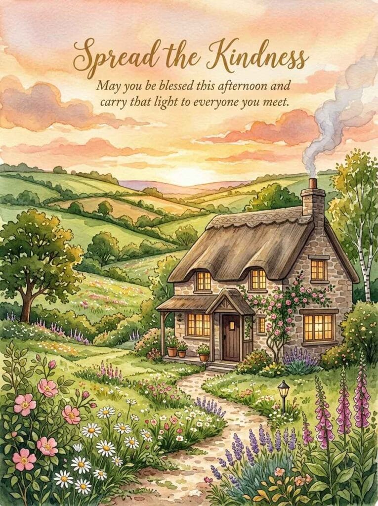 A cozy cottagecore watercolor illustration of a beautiful stone cottage at dusk with smoke curling from the chimney and a warm garden.