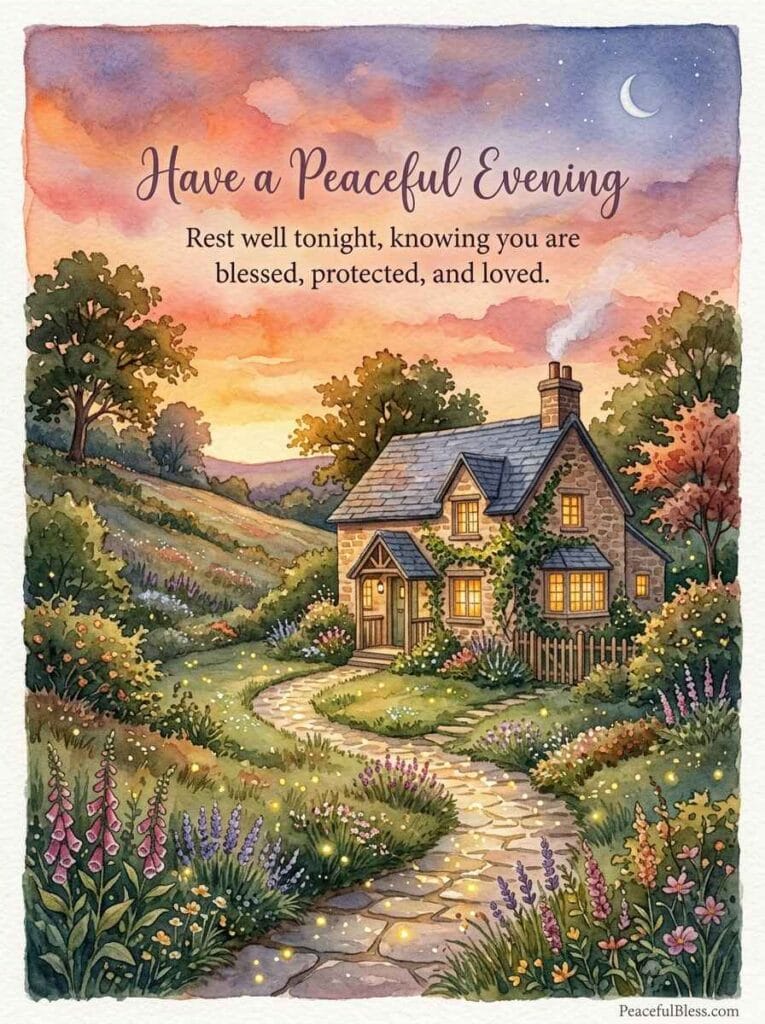 A cozy cottagecore watercolor illustration of a beautiful stone cottage at dawn with smoke curling from the chimney and a warm garden path.
