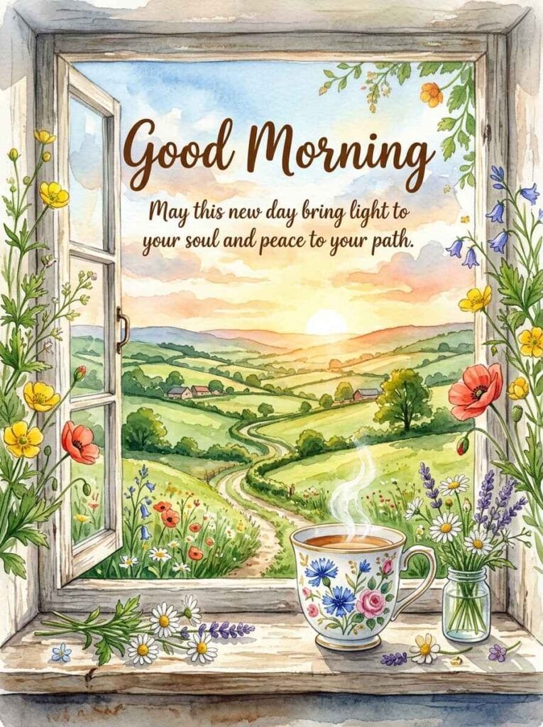 A cozy watercolor illustration of a steaming coffee mug on a rustic windowsill looking out at rolling green hills under a bright sunrise.