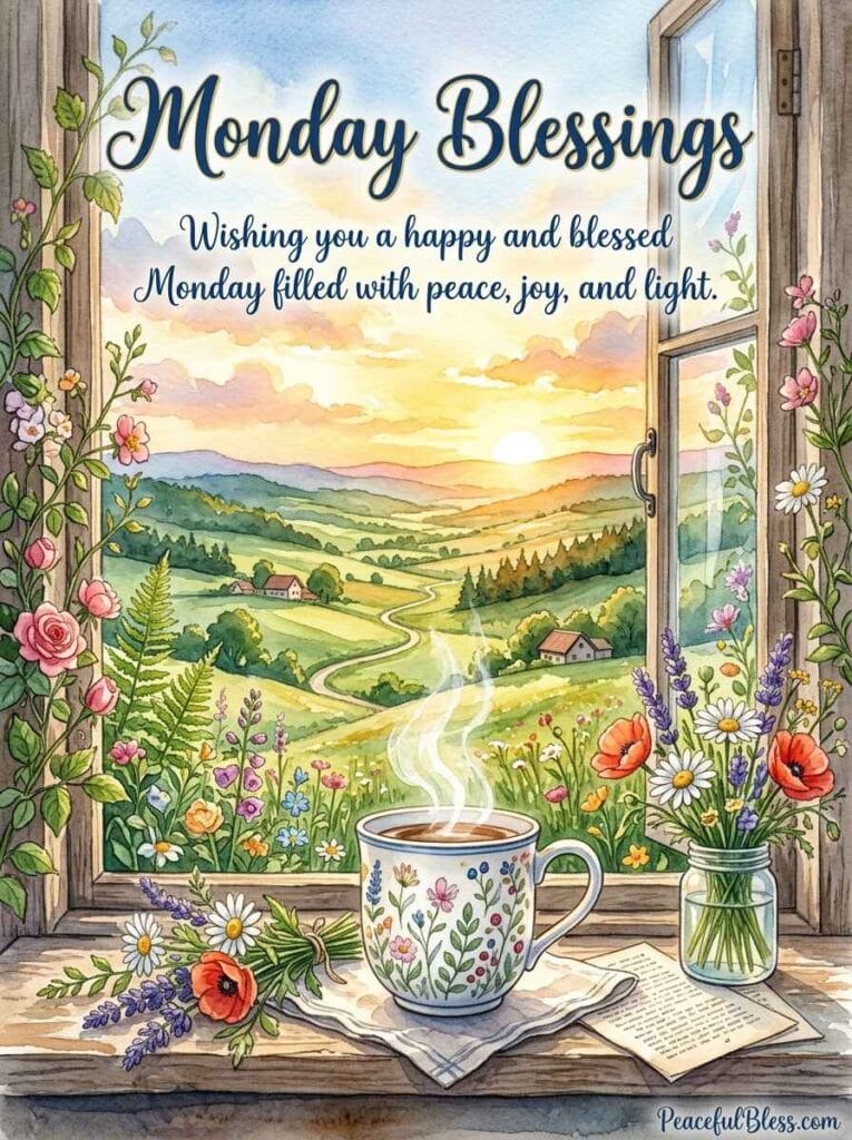 A cozy watercolor illustration of a rustic windowsill looking out at rolling green hills as the sun rises on Monday morning.