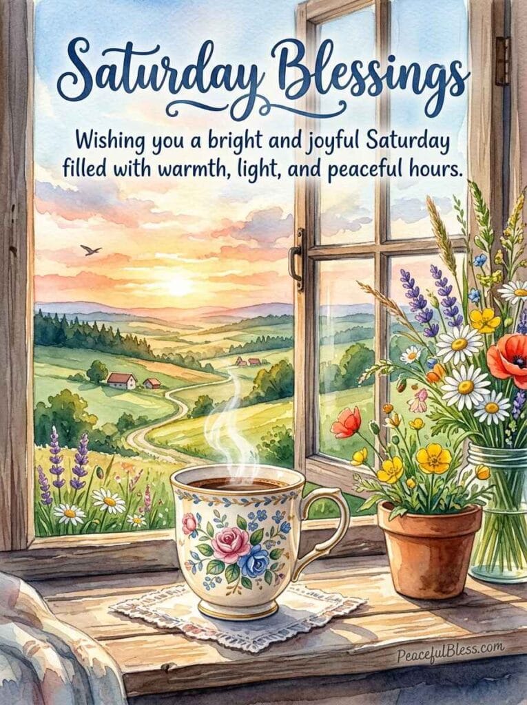 A cozy watercolor illustration of a rustic windowsill looking out at rolling green hills as the sun rises on Saturday morning.