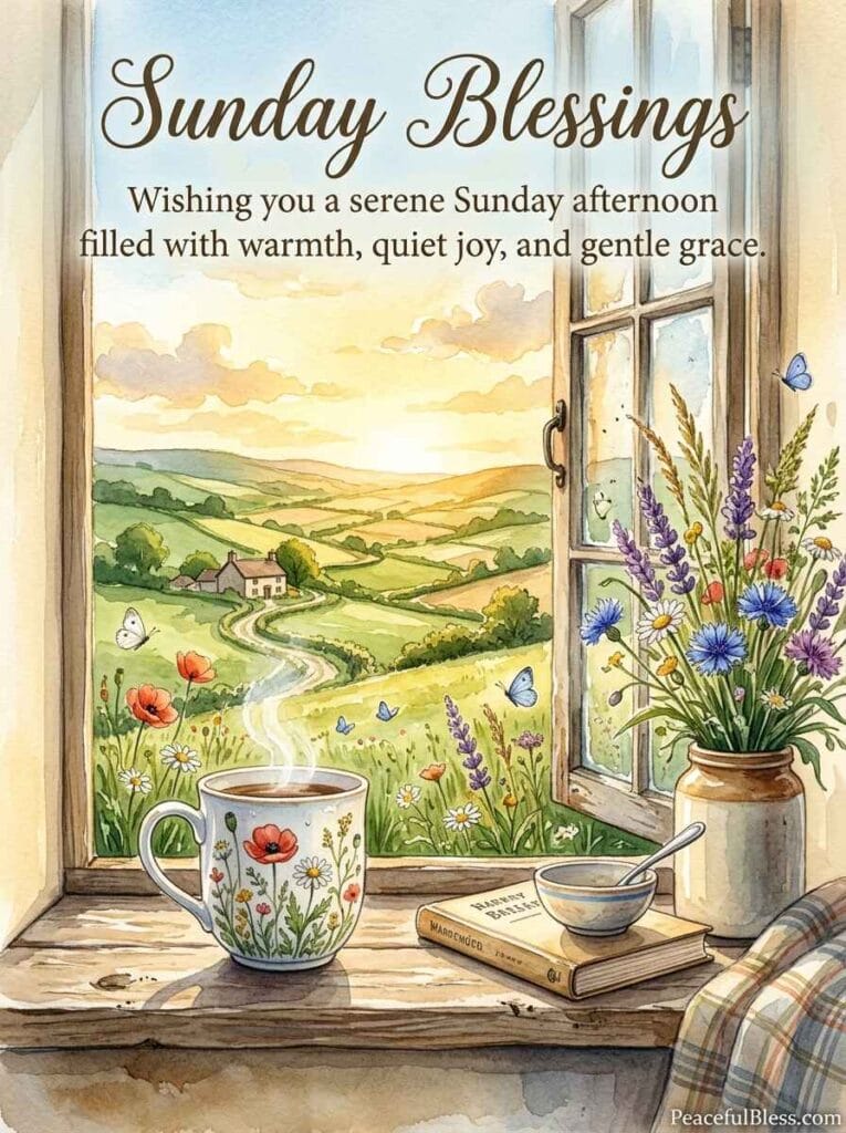 A heartwarming watercolor illustration of a cozy windowsill reading nook on Sunday afternoon, looking out at a sun-dappled cottage garden.