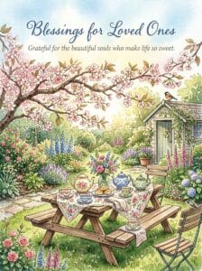 A heartwarming watercolor painting of a garden table set with tea under a blossoming tree.