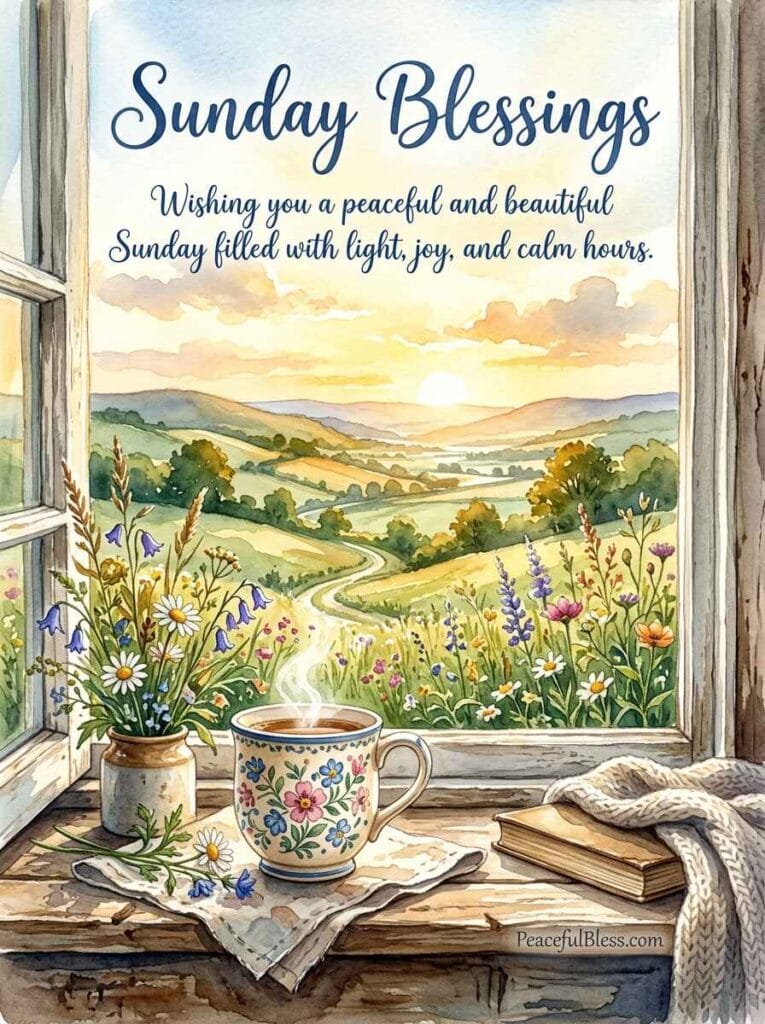 A cozy watercolor illustration of a rustic windowsill looking out at rolling green hills as the sun rises on Sunday morning.