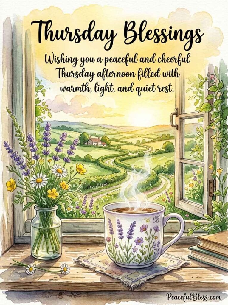 A cozy watercolor illustration of a rustic windowsill looking out at rolling green hills under a bright Thursday afternoon sun.