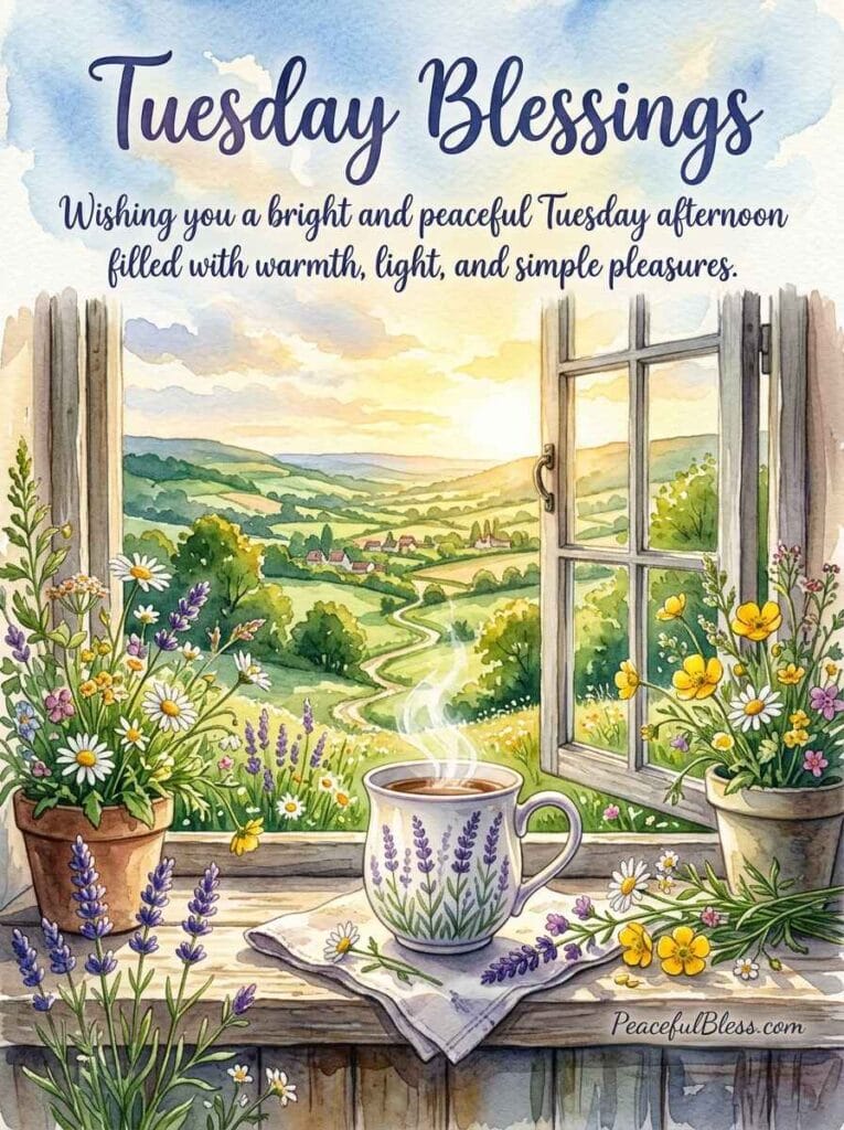 A cozy watercolor illustration of a rustic windowsill looking out at rolling green hills under a bright Tuesday afternoon sun.