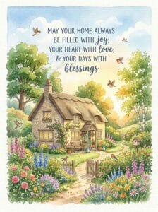 A beautiful watercolor illustration of a cozy stone cottage in a blooming garden with a Wednesday blessing quote about home, joy, and love.