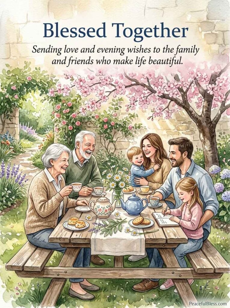 A heartwarming watercolor painting of a garden picnic table decorated with bunting and wildflowers, representing connection and togetherness.