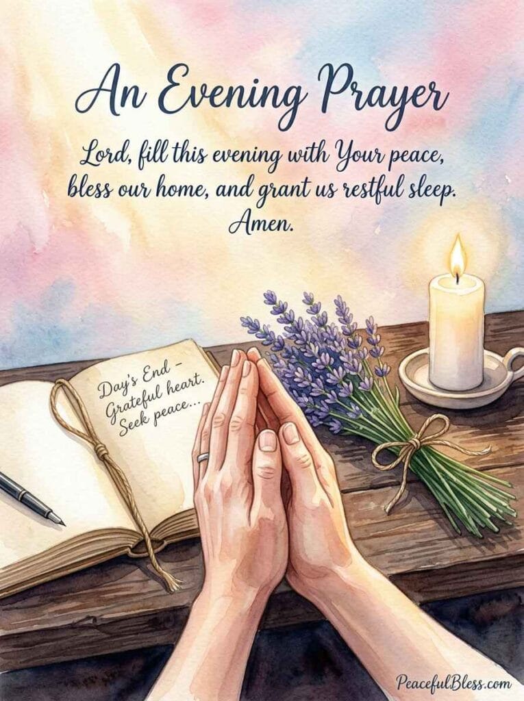 A deeply peaceful watercolor illustration of an open linen journal surrounded by lavender and a glowing white pillar candle, next to folded hands.