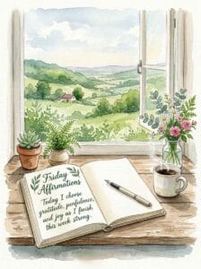 An open journal with a pen next to a steaming mug of coffee on a wooden windowsill overlooking green hills, reading: Friday Affirmations.