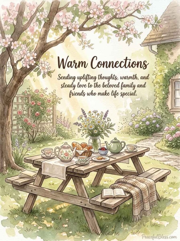 A heartwarming watercolor painting of a garden picnic table set with teacups and wildflowers, representing connection and togetherness.