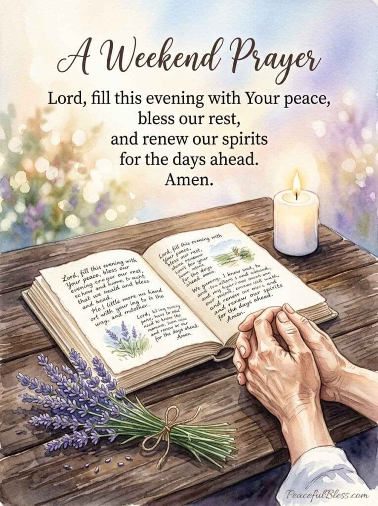 A deeply peaceful watercolor illustration of an open linen journal surrounded by lavender and a glowing white candle for a Friday prayer.