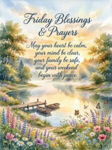 A calm lake reflecting a golden sunrise with lupine flowers and butterflies near a wooden dock, featuring the text: Friday Blessings & Prayers.