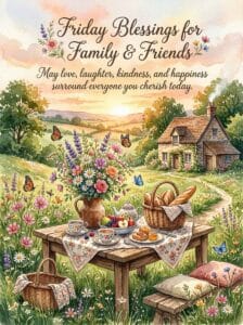 A countryside picnic setup with fresh bread, fruits, and tea outside a stone cottage during a golden sunset, featuring text: Friday Blessings for Family & Friends.