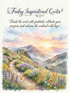 A hiker walking up a mountain trail surrounded by wildflowers at sunrise, painted in soft watercolors, with text reading: Friday Inspirational Quotes.