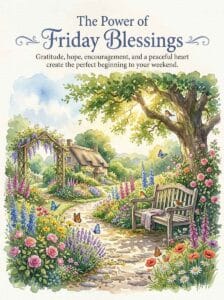 Wide panoramic watercolor countryside illustration featuring a breakfast picnic table overlooking green hills at sunrise, with text: Friday Blessings.