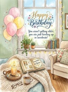 A lighthearted watercolor illustration of a cozy reading nook with a lit candle, an open book, and floating pastel balloons.