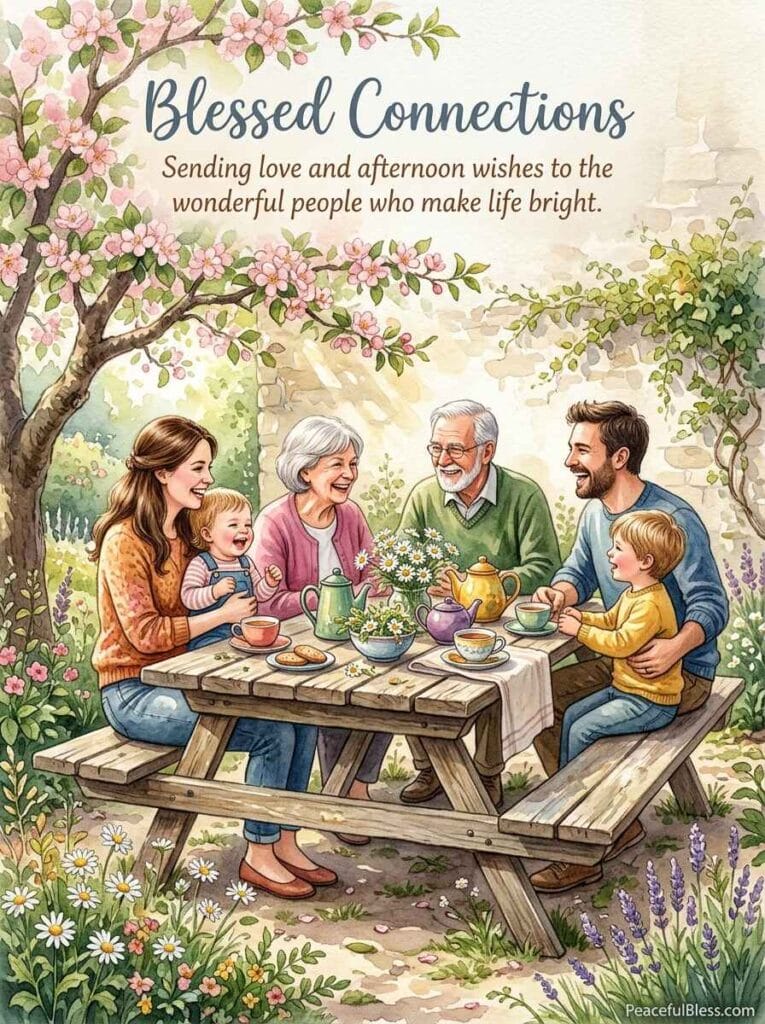 A heartwarming watercolor painting of a garden picnic table decorated with bunting and wildflowers for connection.