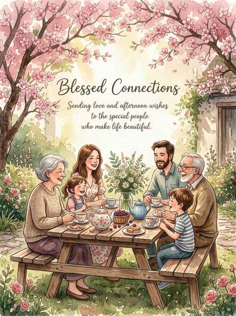 A heartwarming watercolor painting of a garden picnic table decorated with bunting and wildflowers for connection.