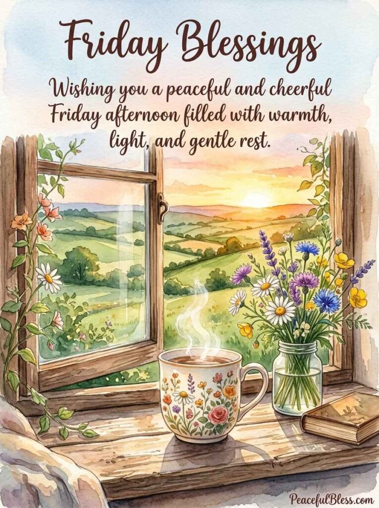A charming watercolor painting of an open journal, a steaming teacup, and delicate pressed flowers on a sunlit wooden table.