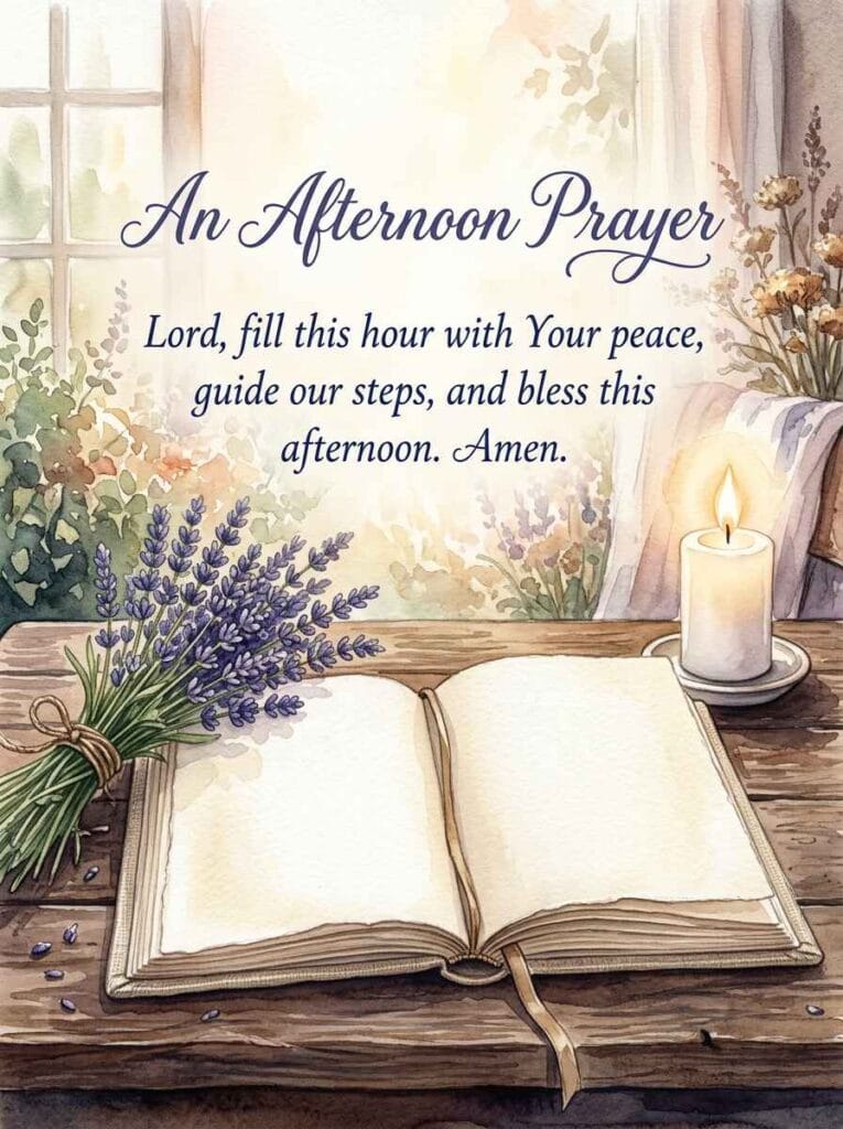 A deeply peaceful watercolor illustration of an open linen journal surrounded by lavender and a glowing white candle for a prayer.