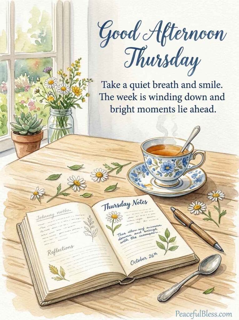A charming watercolor painting of an open journal, a steaming teacup, and delicate pressed flowers on a sunlit wooden table.
