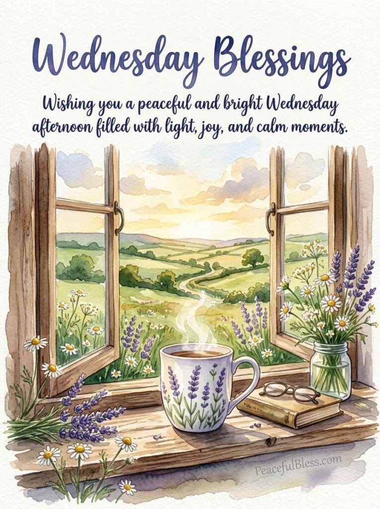 A charming watercolor painting of an open journal, a steaming teacup, and delicate pressed flowers on a sunlit wooden table.