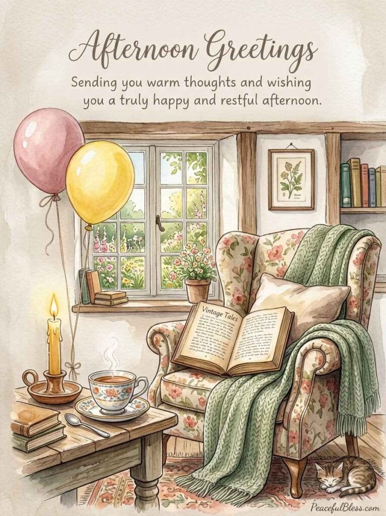 A lighthearted watercolor illustration of a cozy reading nook with a lit candle, a teacup, and a couple of floating pastel balloons.