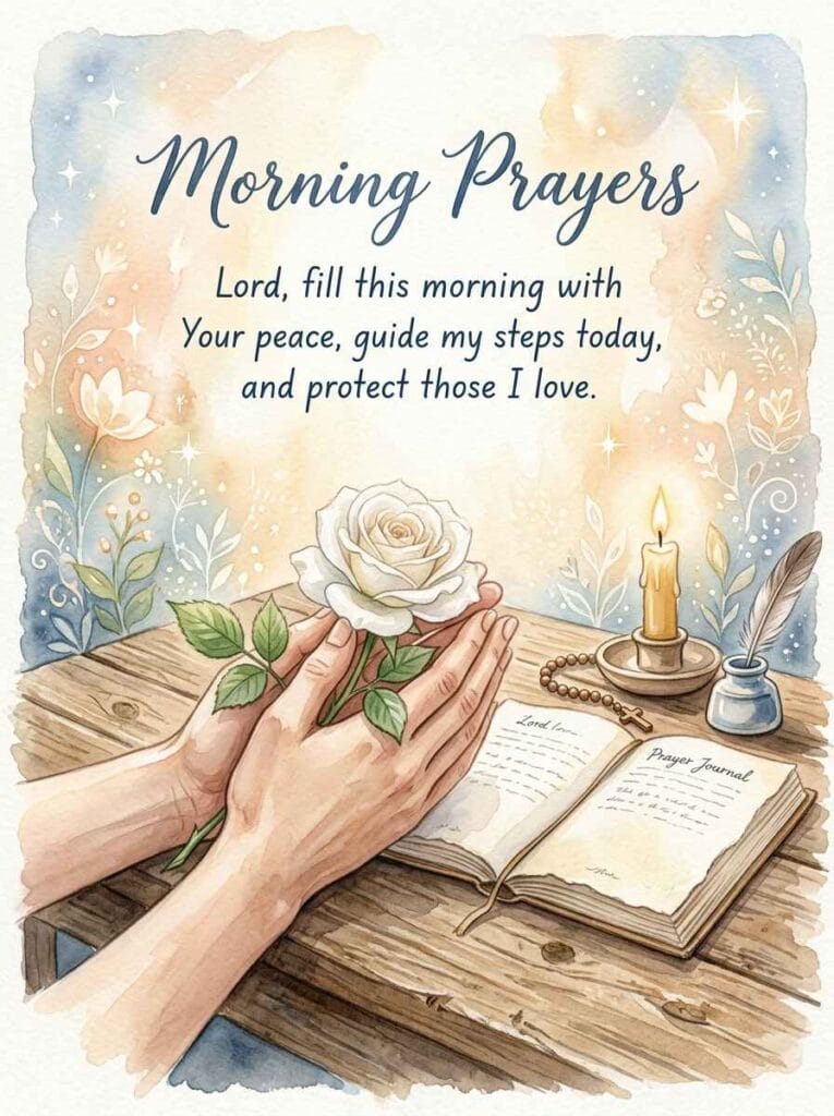 An ethereal watercolor depiction of folded hands holding a delicate white rose next to a glowing candle and prayer journal.