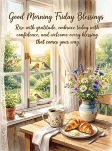 Watercolor illustration of a cozy window breakfast scene with hot coffee, croissants, wild flowers, and little birds singing, featuring the text: Good Morning Friday Blessings.