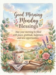 A warm morning coffee graphic featuring inspirational good morning Monday blessings text