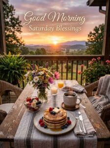 A cozy wooden balcony setup at sunrise with a plate of warm pancakes topped with berries, hot coffee, and fresh wildflowers, featuring text: Good Morning Saturday Blessings.