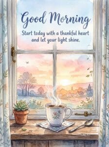 A cozy watercolor painting of a steaming coffee mug on a windowsill looking at a soft sunrise.