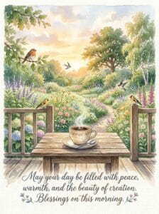 A cozy watercolor illustration of a steaming cup of coffee sitting on a rustic wooden table overlooking a blooming flower garden path with singing birds.