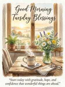 A steaming mug of coffee and fresh wildflowers on a wooden table next to a window with Good Morning Tuesday Blessings text.